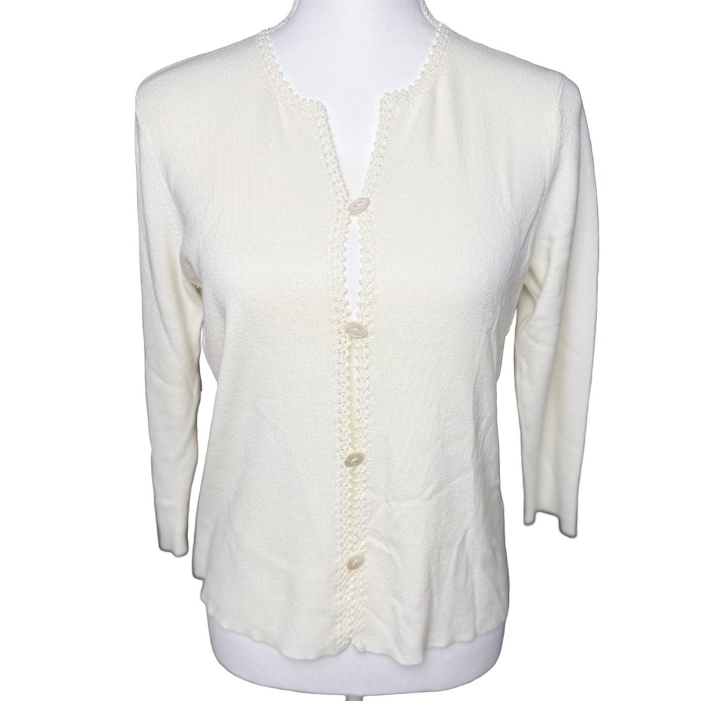 Ivory‎ Knit Cardigan Sweater Petite Button Front Scallop Trim PS